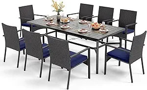 9 Piece Outdoor Dining Set for 8 with Wrought Iron Table and Wicker Chairs