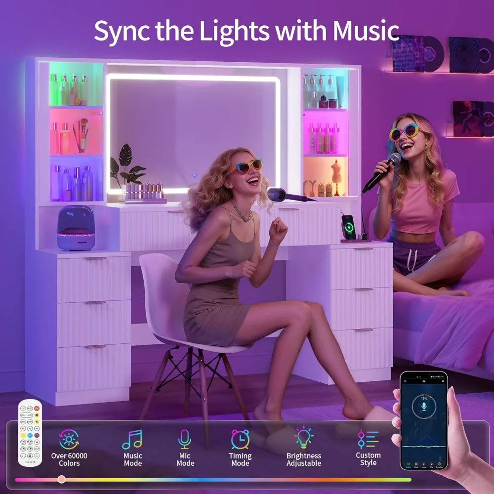 Ljustra 59 Inch Fluted Wood Makeup Vanity Desk with Mirror LED Lights