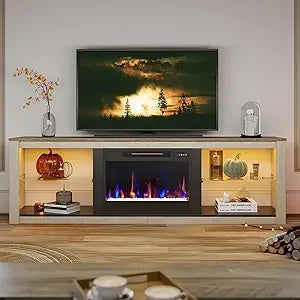 Fireplace TV Stand for 75 inch TV with Electric Fireplace and LED Light