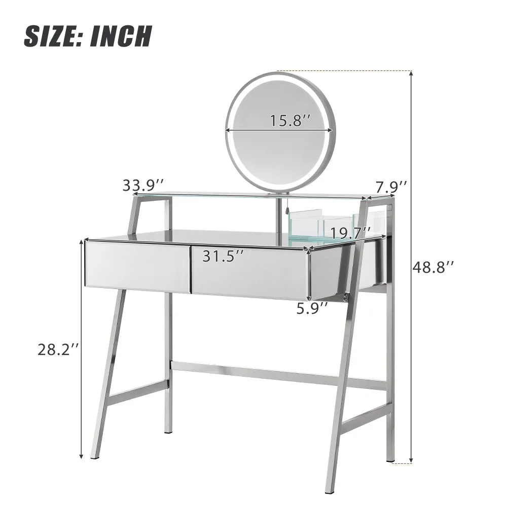 33.9" Mirrored Makeup Vanity Desk with LED Mirror and Storage Drawers