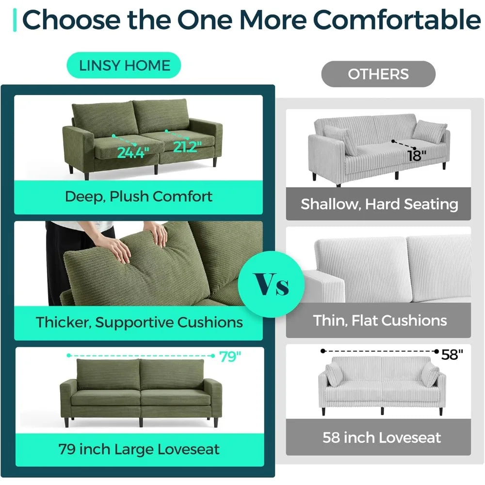 79" Corduroy Loveseat Sofa, Adjustable Seat Depth, Green Couch, Comfy 2–3 Seater