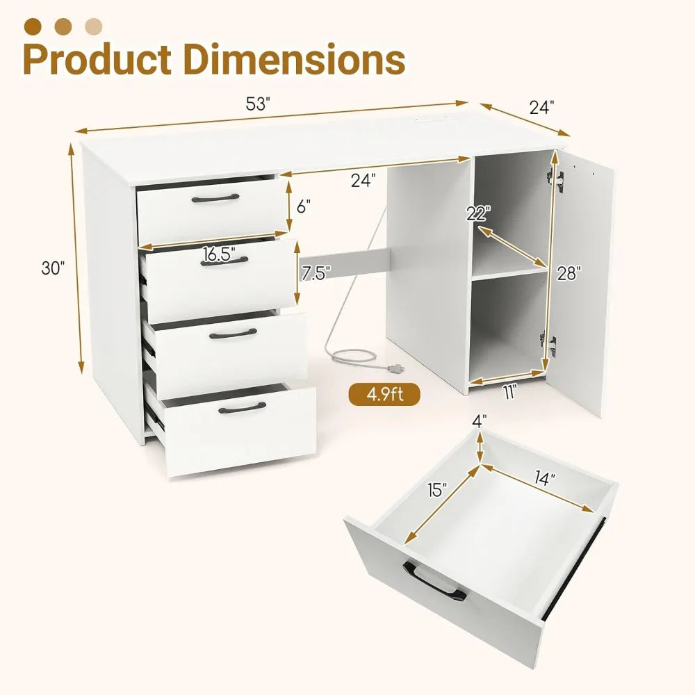 Ljustra Computer Desk with 4 Drawers Charging Station Adjustable Shelf