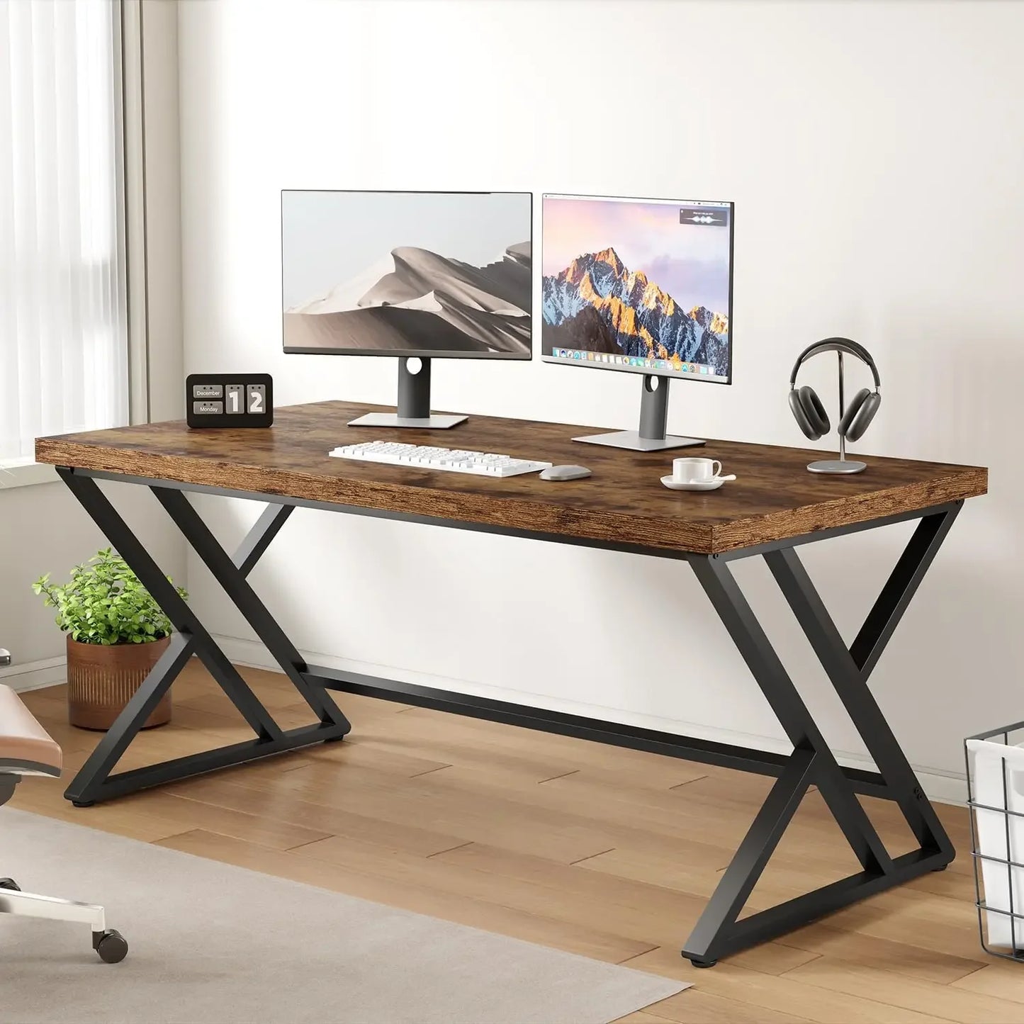 Industrial Computer Desk Rustic Wood Metal Home Office Writing Table