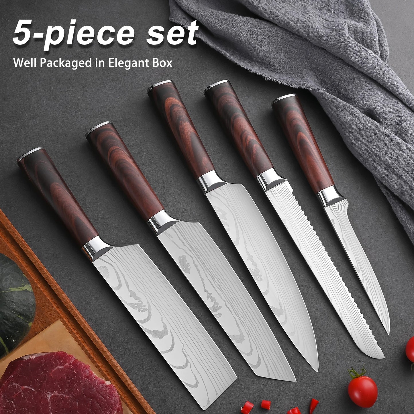 Large Mahogany Kitchen Knife Set Stainless Steel Chef Knives 1-5 Pieces