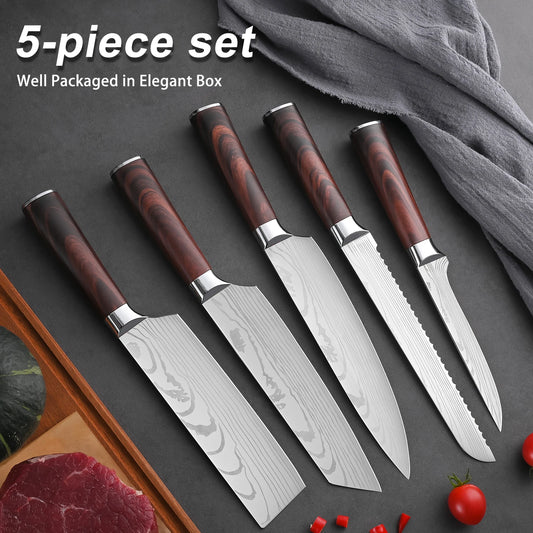 Large Mahogany Kitchen Knife Set Stainless Steel Chef Knives 1-5 Pieces