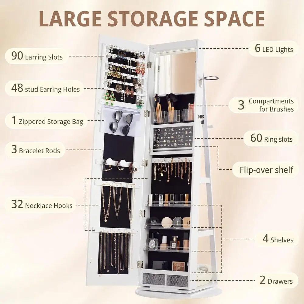 Ljustra LED Mirror Jewelry Cabinet 360° Swivel Lockable Armoire