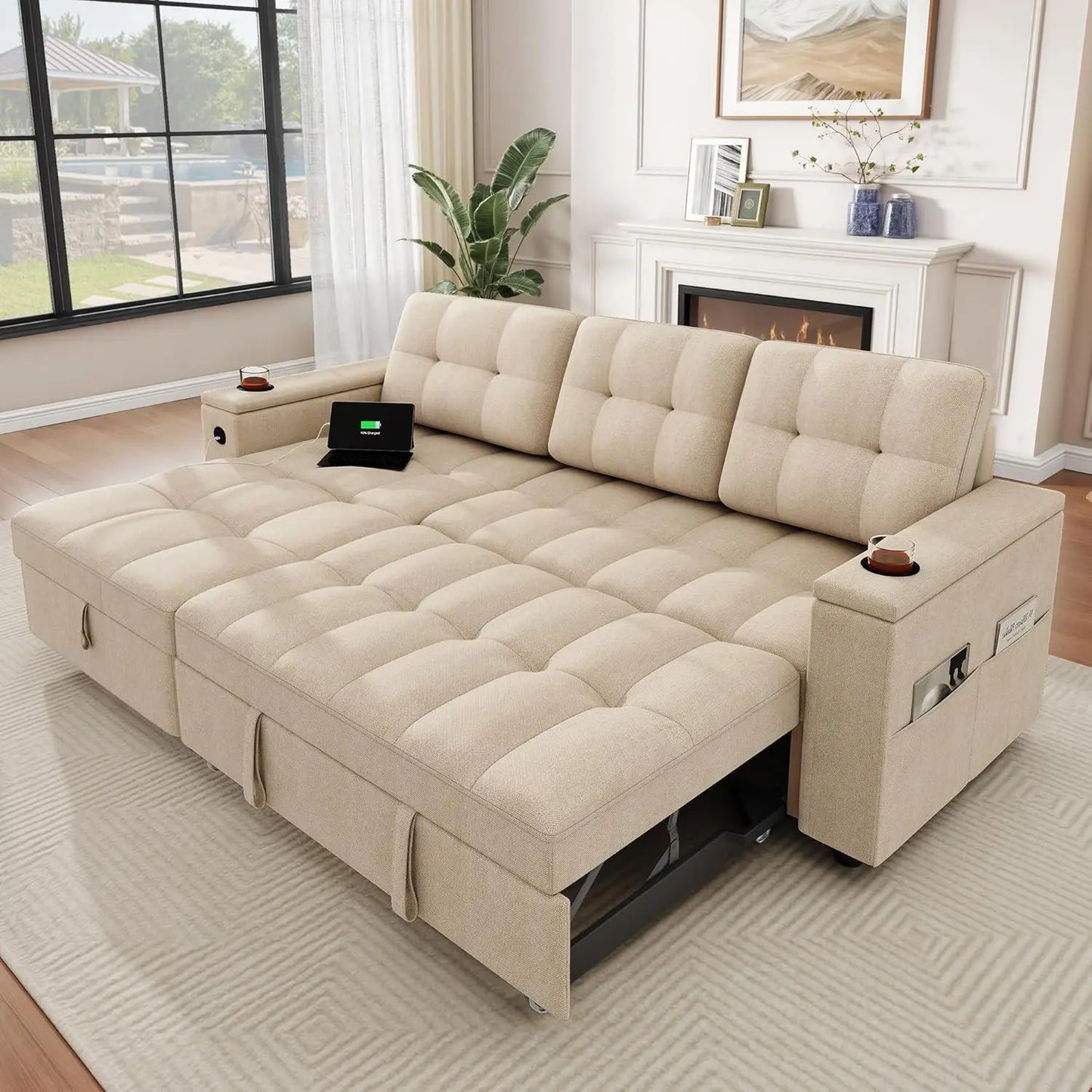 Modern L-Shaped Sleeper Sofa Bed w/ Pull Out, USB Ports, Storage Chaise, Reversible Couch