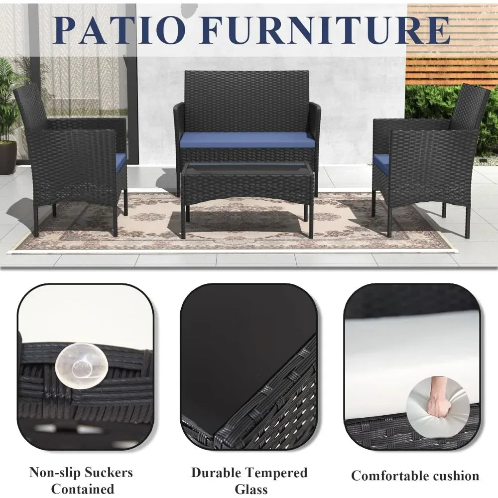 4-Piece Outdoor Wicker Patio Furniture Set with Cushions Table