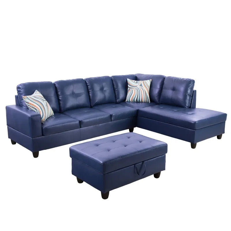 3PC Blue Leather Sofa Set w/ Storage Ottoman, Semi PU, Modern Living Room Couch Set