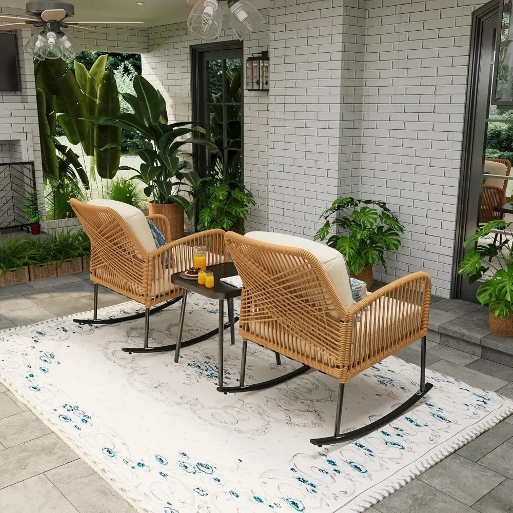 Boho Patio Rocking Chairs Set of 2 with Coffee Table Outdoor Furniture