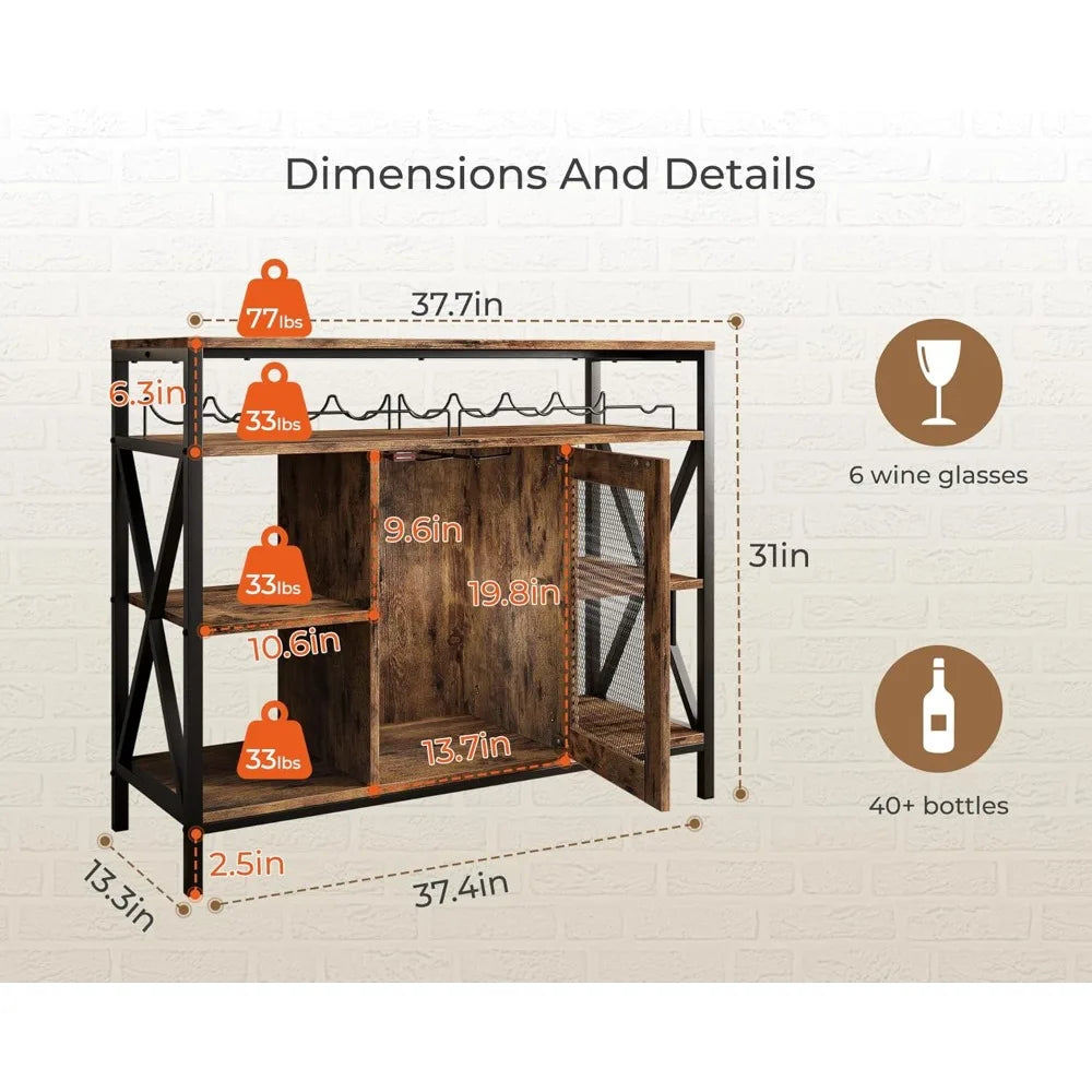 Industrial Wine Bar Cabinet Metal Wood Cart Liquor Storage Glass Holder