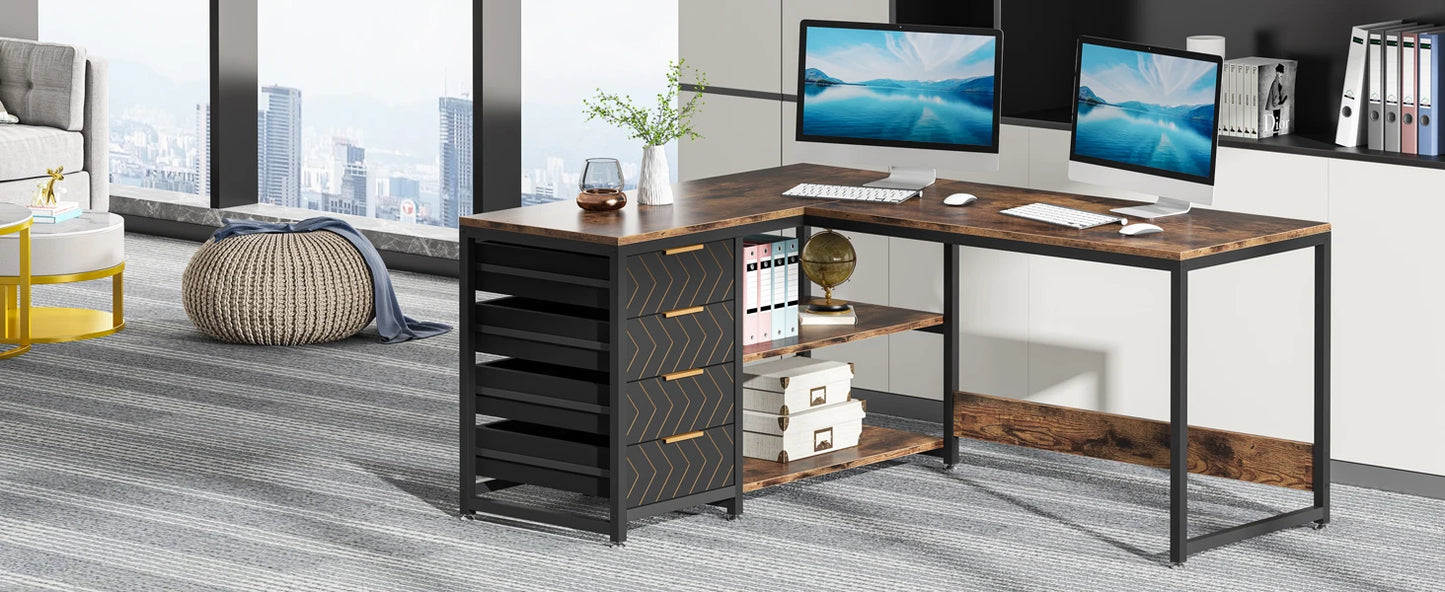 L Shaped Computer Desk with Storage Drawers Reversible Corner Desk