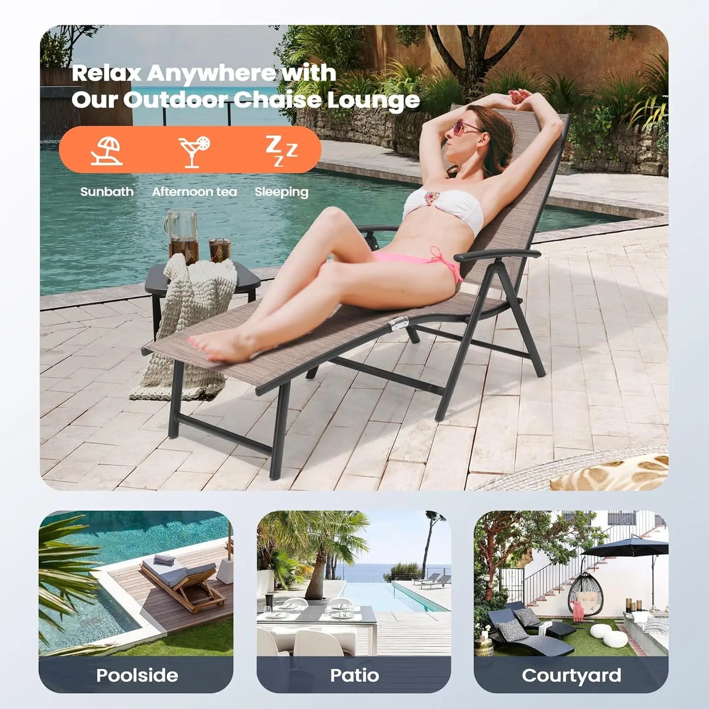 Outdoor Chaise Lounge Set of 2 Aluminum Pool Lounge Chairs Adjustable