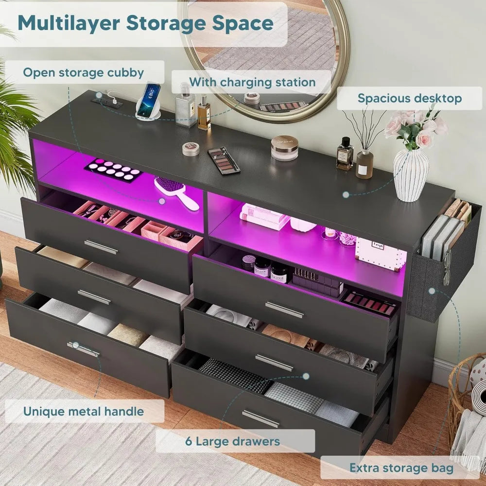 6 Drawer Dresser Charging Station Modern Chest of Drawers LED Lights