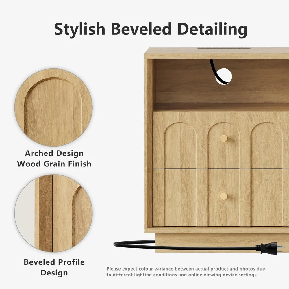 Nightstand with Charging Station Mid Century Modern Boho End Table