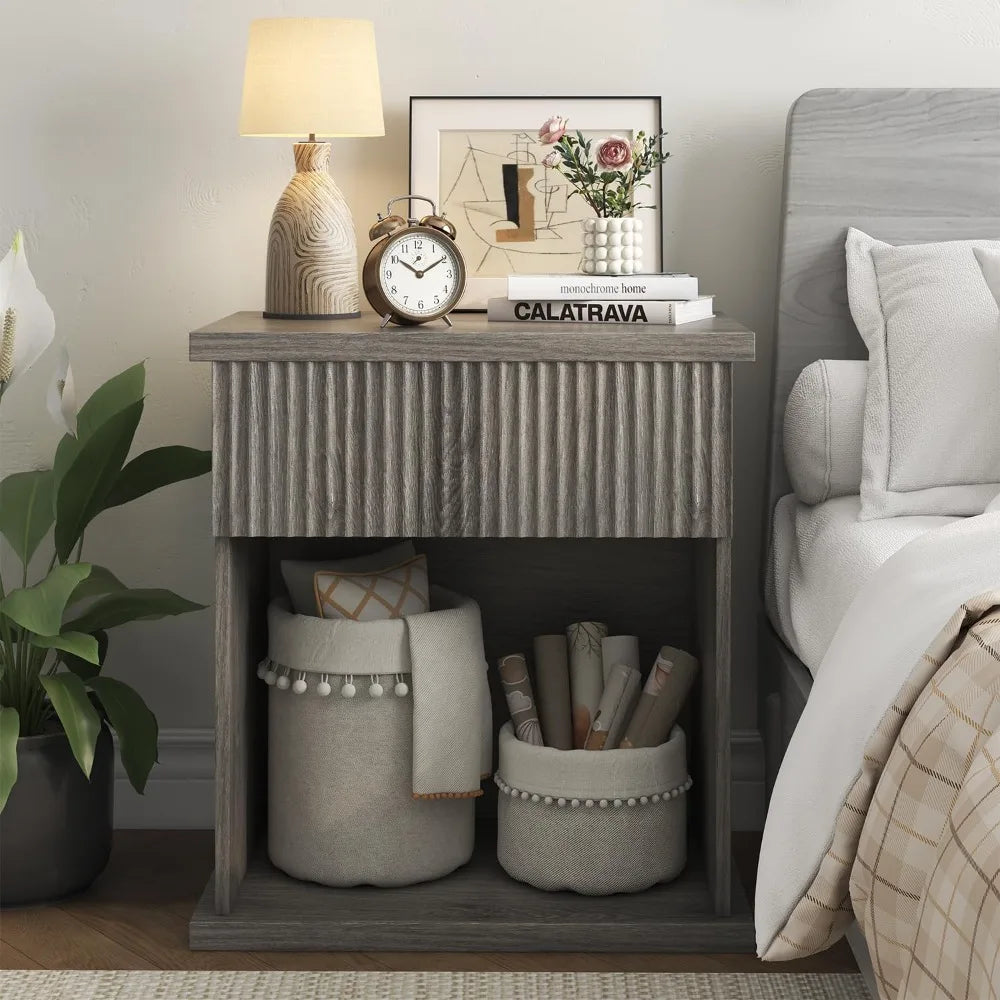 Fluted Nightstand Set of 2 Modern Wood Bedside Tables for Bedroom Storage