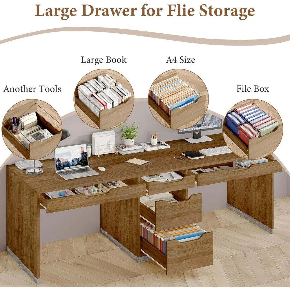 Two Person Desk with 5 Drawers Extra Long Computer Workstation