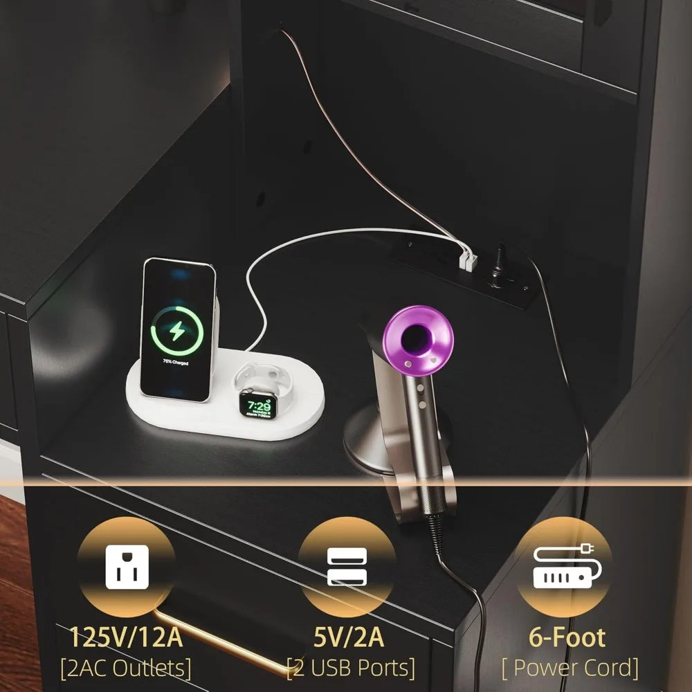 Black Vanity Desk with Mirror LED Lights Charging Station Makeup Table