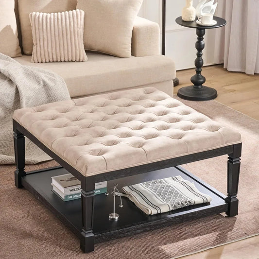 Large 35 Inch Square Storage Ottoman Coffee Table with Tufted Top