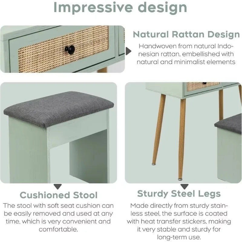 31 Inch Boho Natural Rattan Vanity Desk Set with Lighted Mirror and Stool