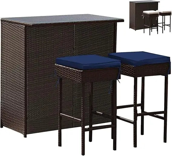 Ljustra 3 Piece Patio Bar Set Outdoor Rattan Table and Stools with Storage
