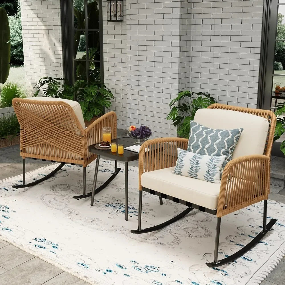 Boho Patio Rocking Chairs Set of 2 with Coffee Table Outdoor Furniture