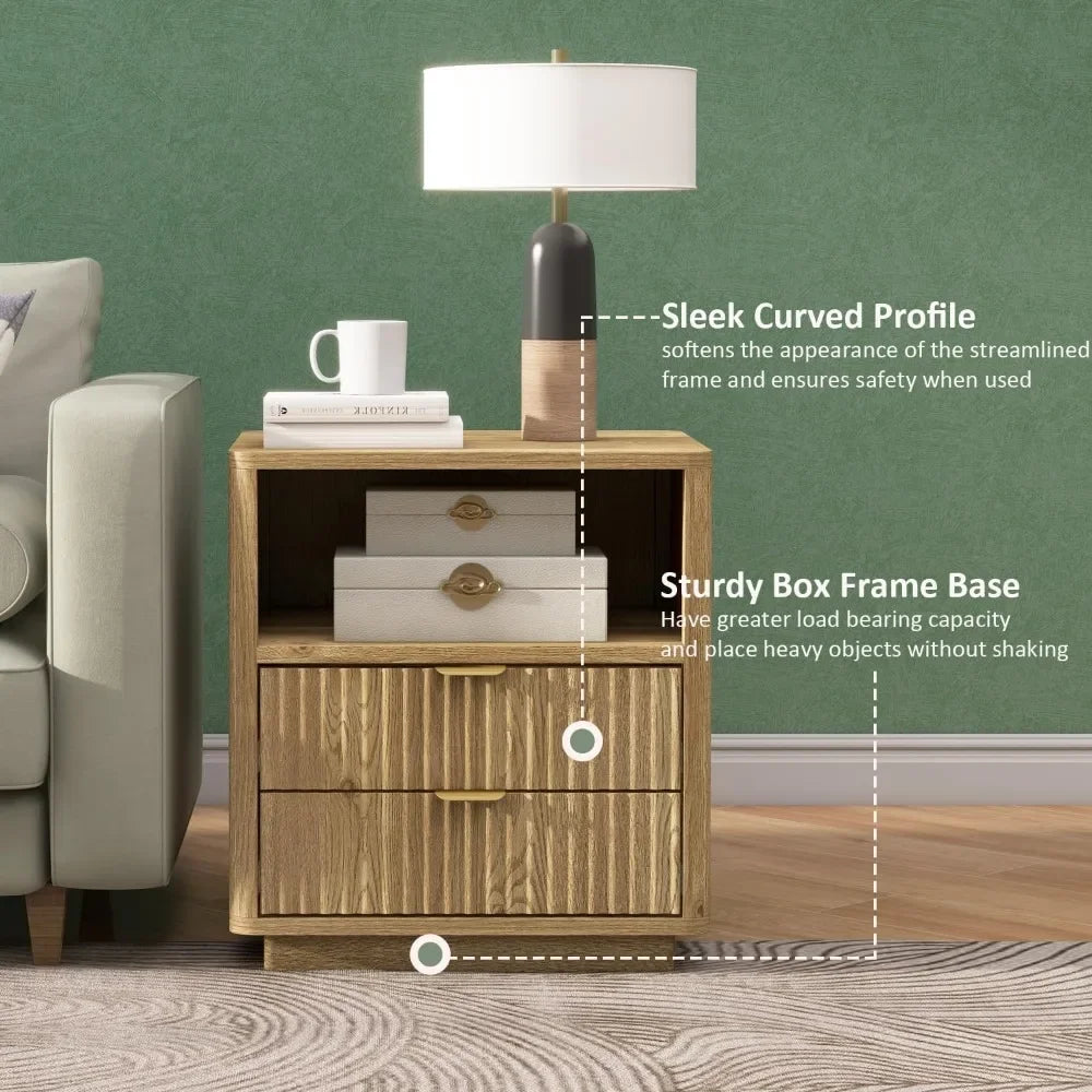 Fluted Nightstands Set of 2 Modern Wooden Bedside Tables Storage Drawers