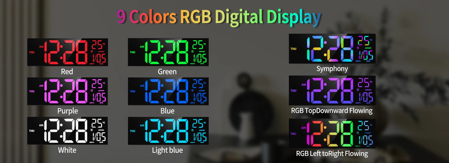 Large Digital Wall Clock LED Display Remote Alarm Temperature RGB
