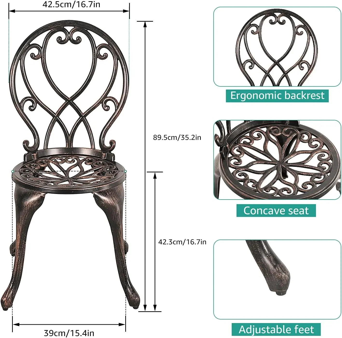 3 Piece Outdoor Bistro Set Cast Aluminum Patio Dining Table Chairs