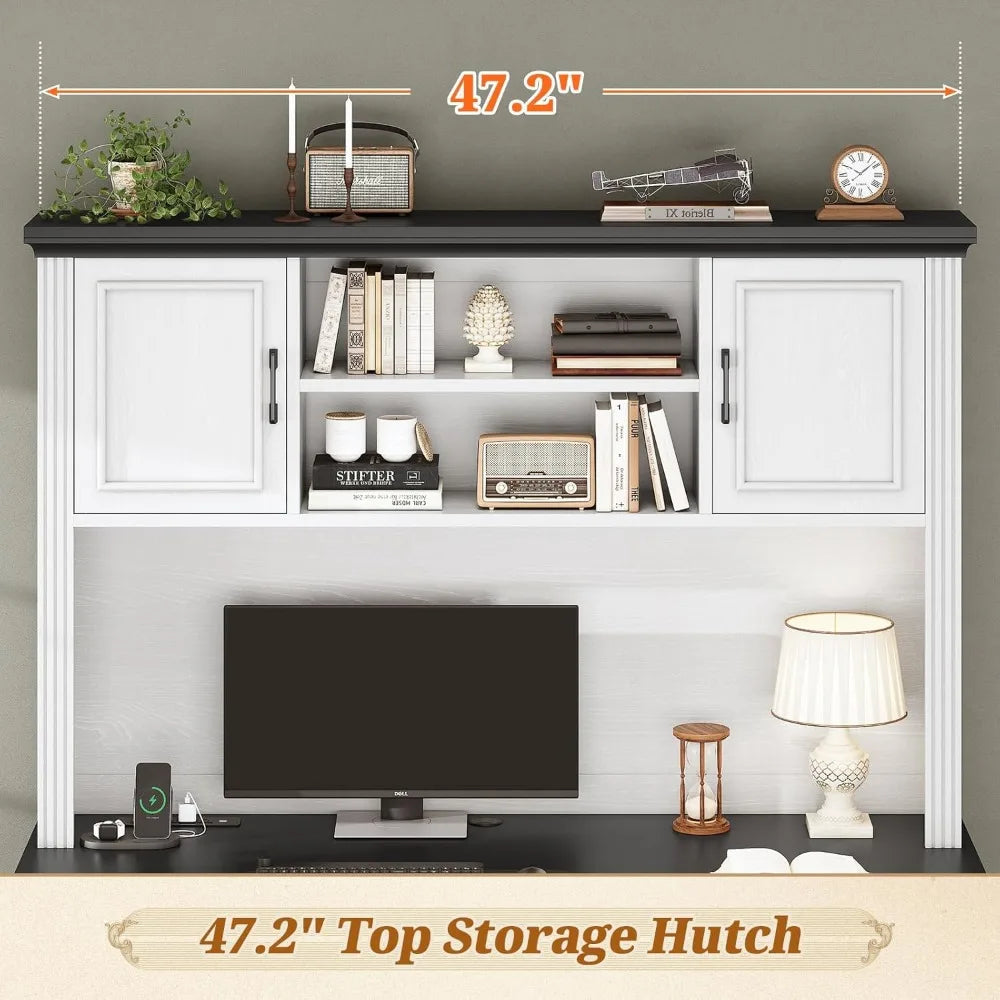 Farmhouse Computer Desk with Hutch 3 Drawers Power Outlet 47.2 Inch