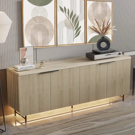 Large Fluted Sideboard Buffet Cabinet with LED Light Adjustable Shelves