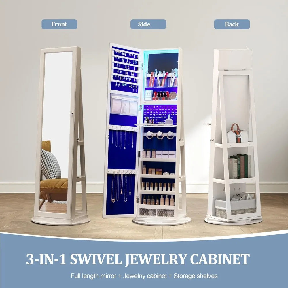 360 Degree Swivel Jewelry Armoire Lockable Cabinet with LED Light