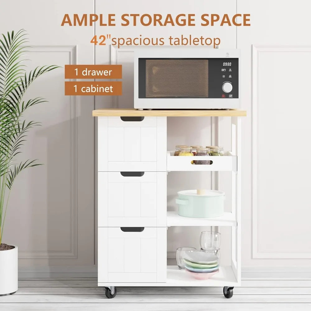 Kitchen Island Storage Cart Rolling Microwave Cart with 3 Drawers