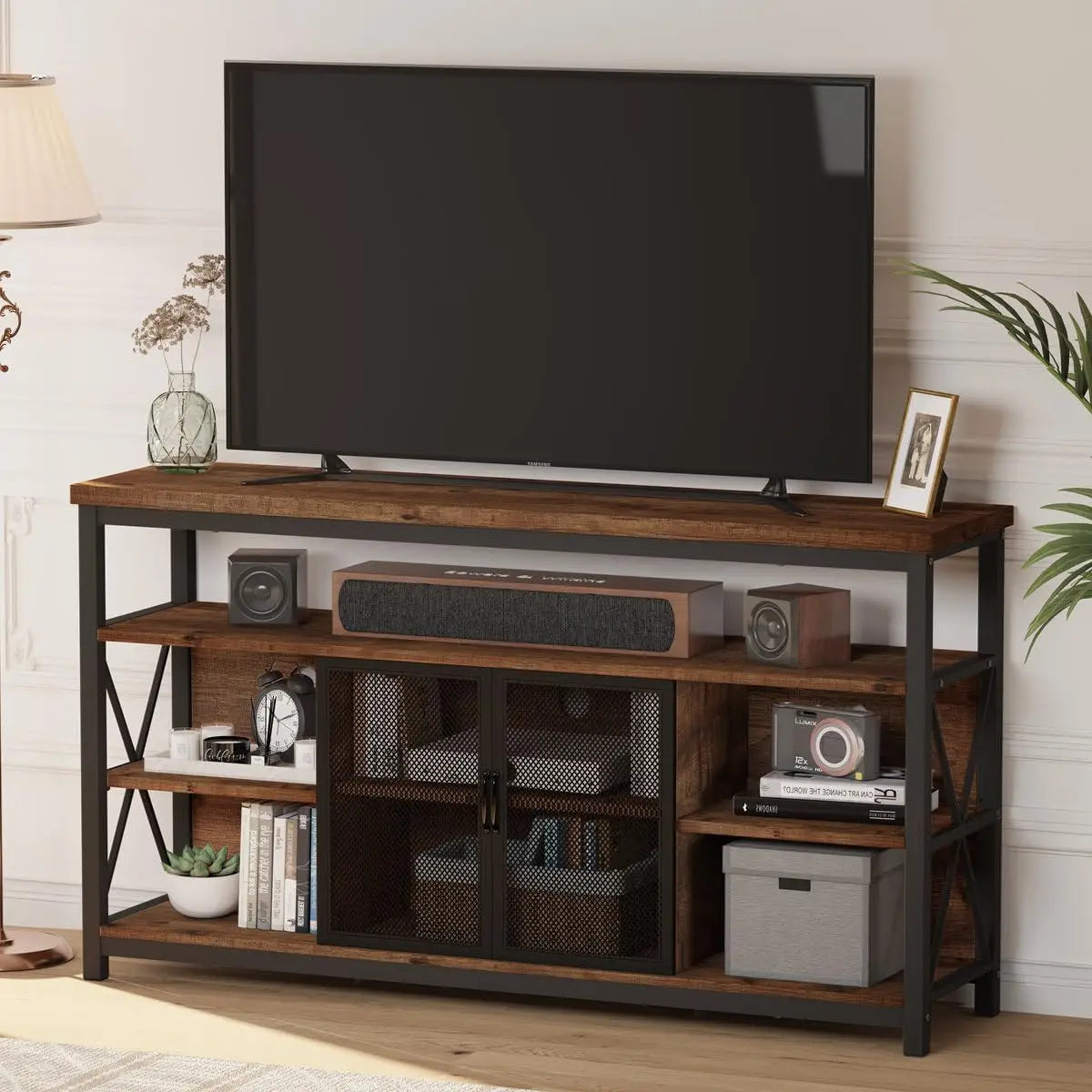 Tall TV Stand for 65 Inch TVs Industrial Wood Storage Farmhouse Center