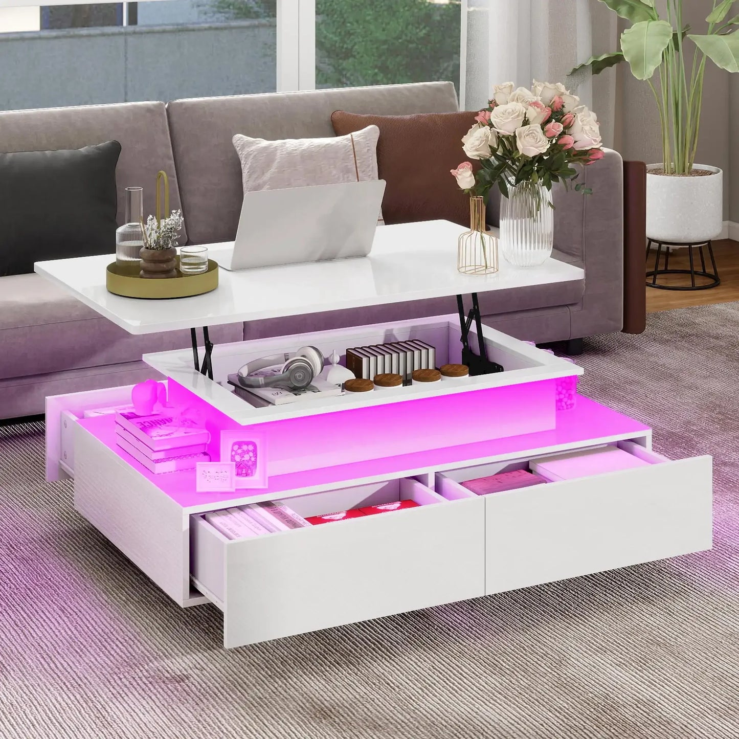 LED Lift Top Coffee Table Modern Living Room Table with Storage