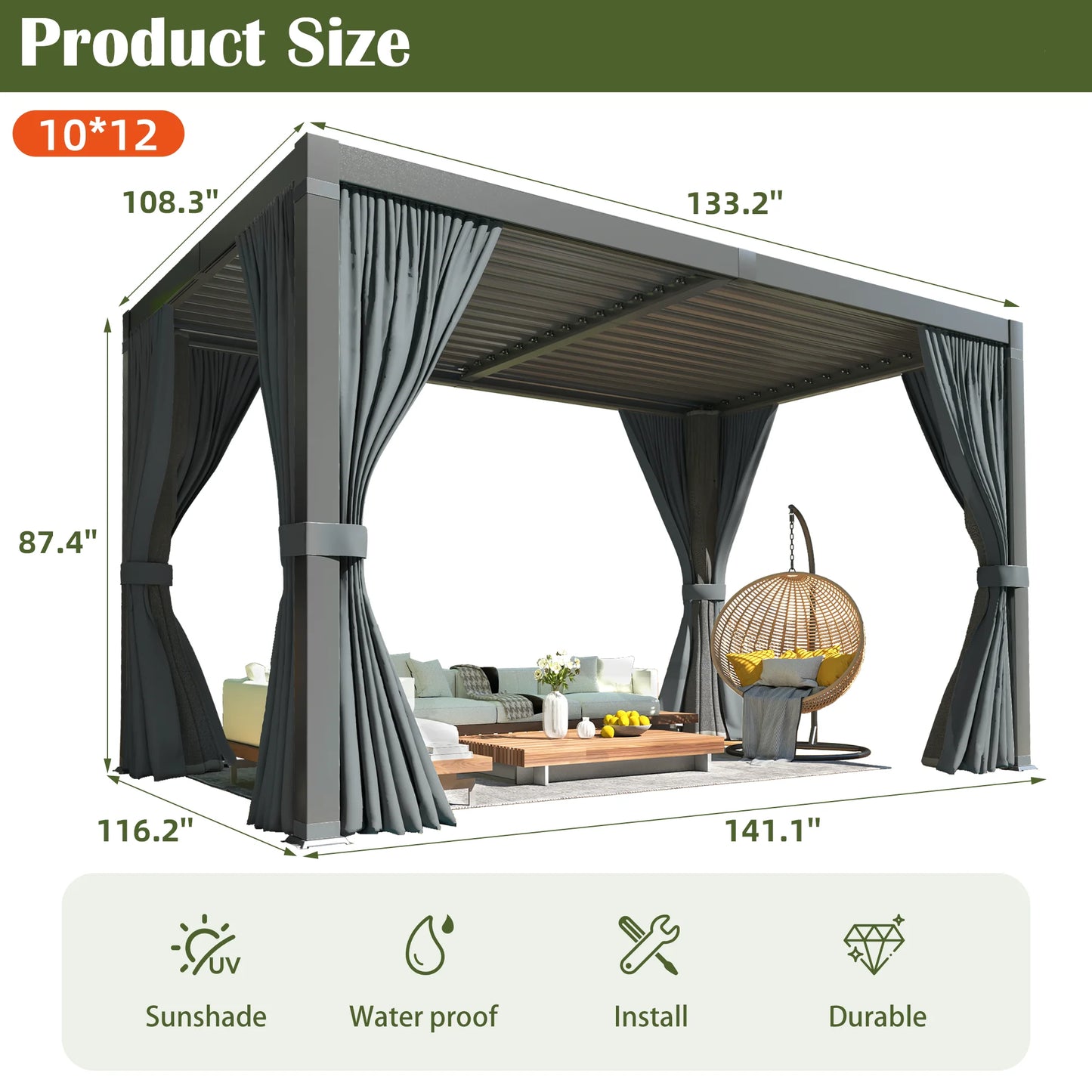 Adjustable Louvered Pergola Aluminum Frame Waterproof Gazebo Backyard