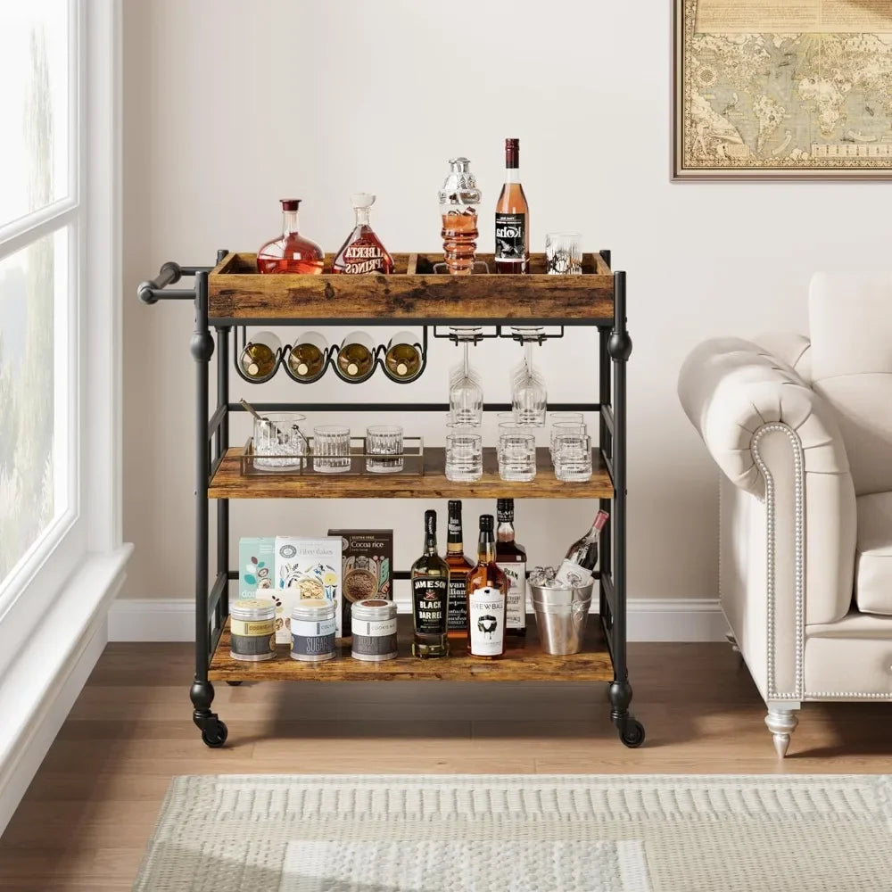 Ljustra 3 Tier Bar Cart with Wheels Wine Rack Glasses Holder Industrial
