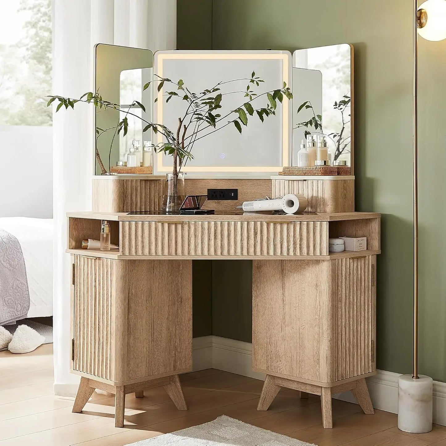 Fluted Makeup Vanity Desk with 3 Way Mirror and Lights 48 Inch