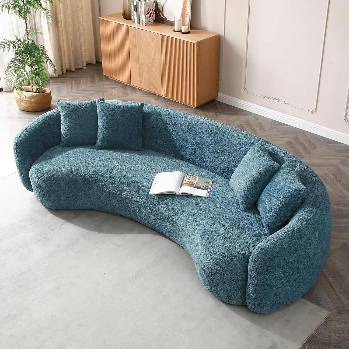 102 Modern Minimalist Curved Lounge Sofa Teddy Velvet 5-Seater