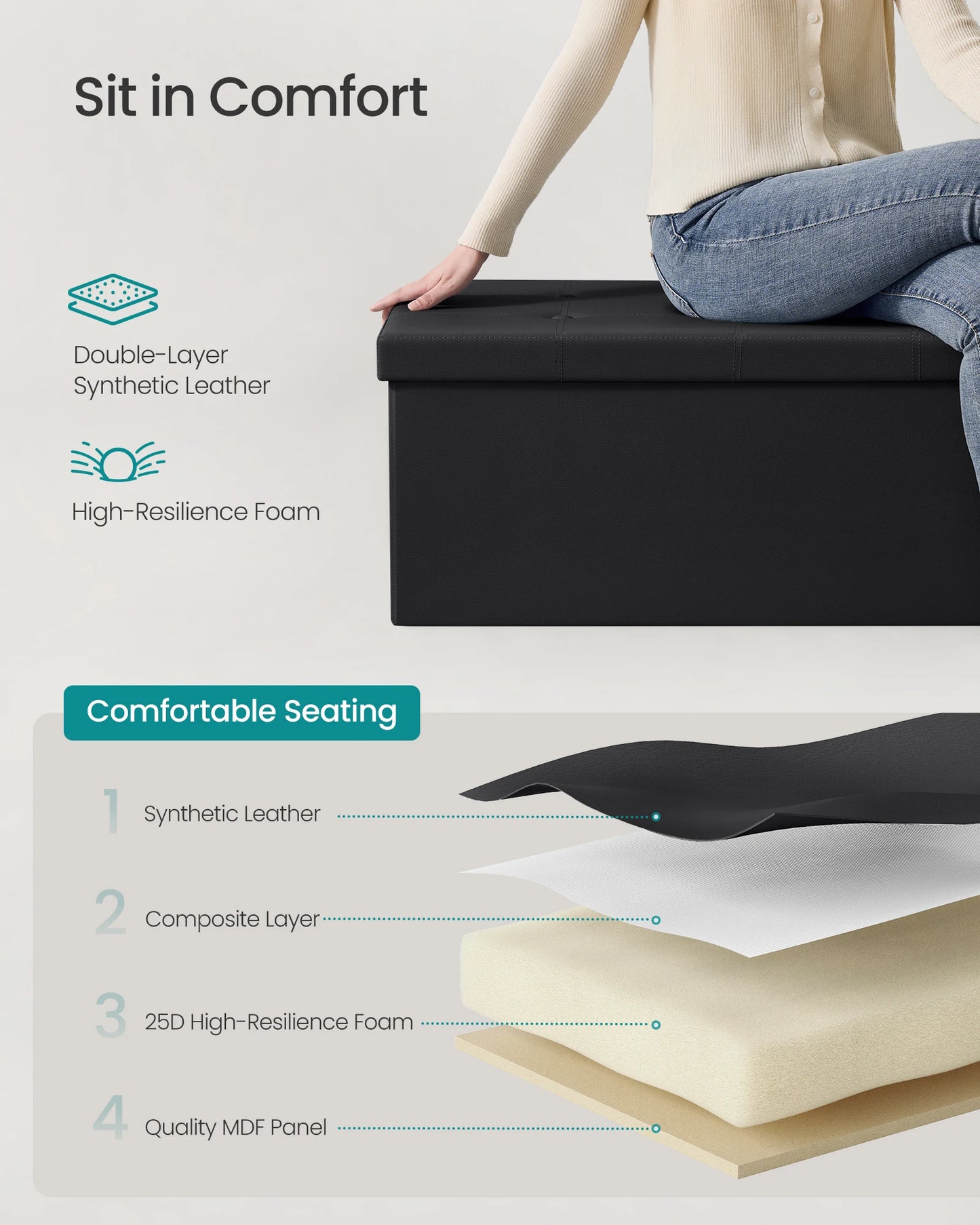 Ljustra 43 Inch Folding Storage Ottoman Bench Coffee Table Faux Leather