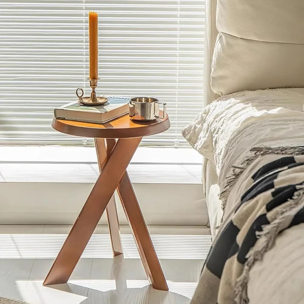 Round Coffee Table Solid Wood Rustic End Table with Crossed Legs