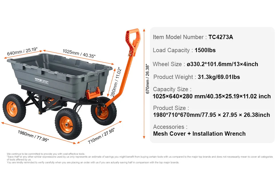 Durable Garden Dump Cart Heavy Duty Poly Wagon Steel Structure