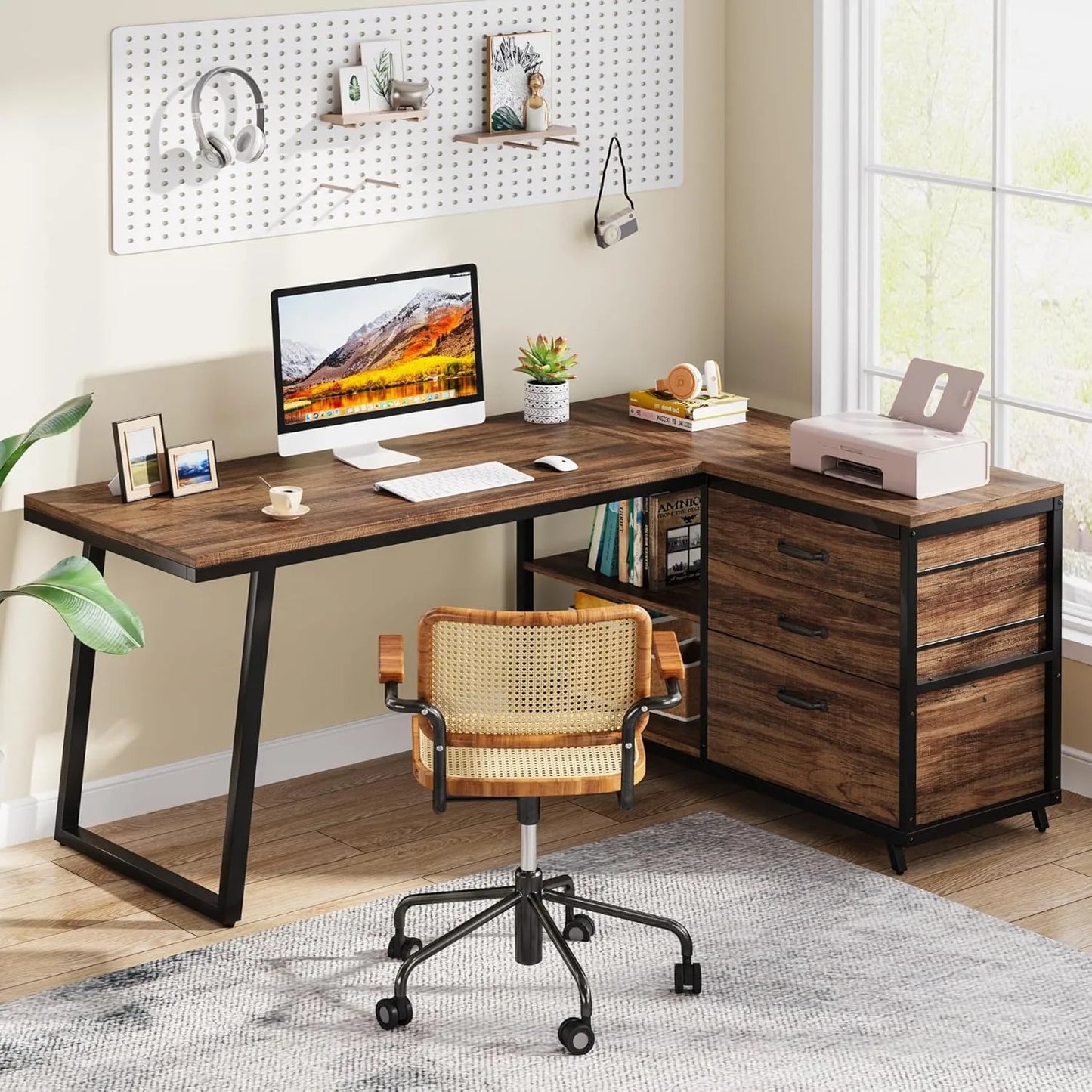 L-Shaped Computer Desk with 3 Drawers for Home Office Small Space