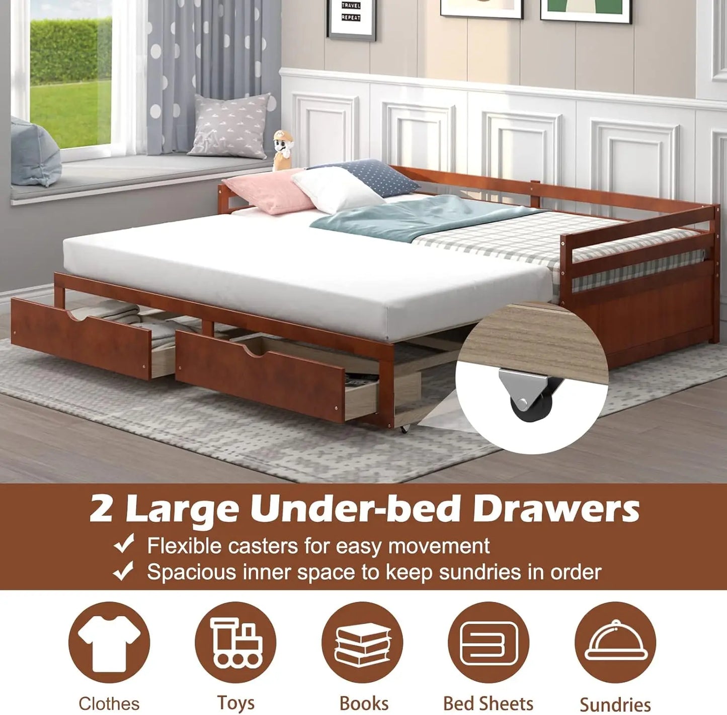 Twin to King Daybed with Trundle and Storage Drawers Modern Sofa Bed