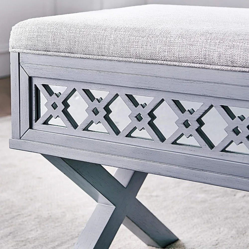 Mirrored Diamond Filigree Lift Top Storage Bench for Bedroom Foyer