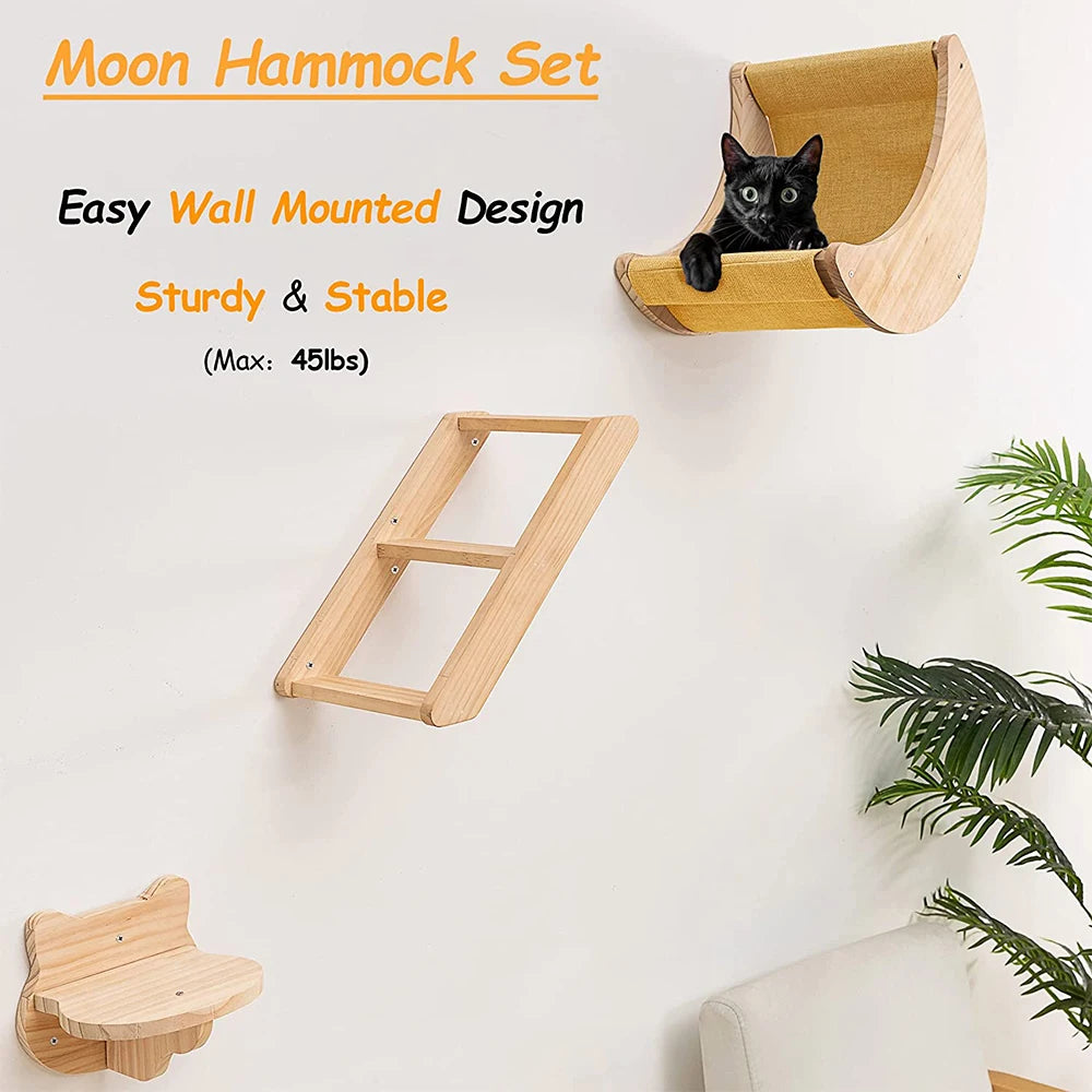 Cat Wall Shelf Moon Shaped Hammock Solid Wood Climbing Steps Indoor Furniture