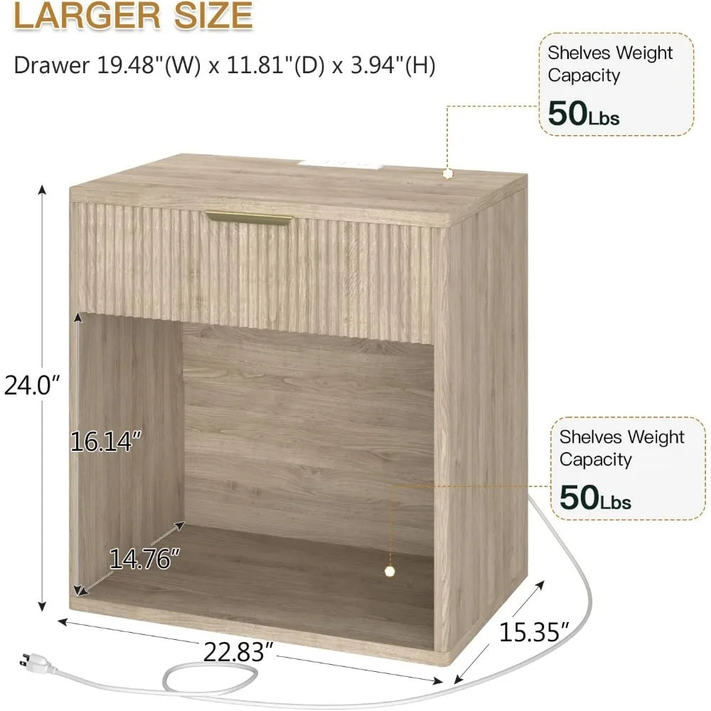 Fluted Nightstand with Charging Station 23" Wide Modern Bedside Table