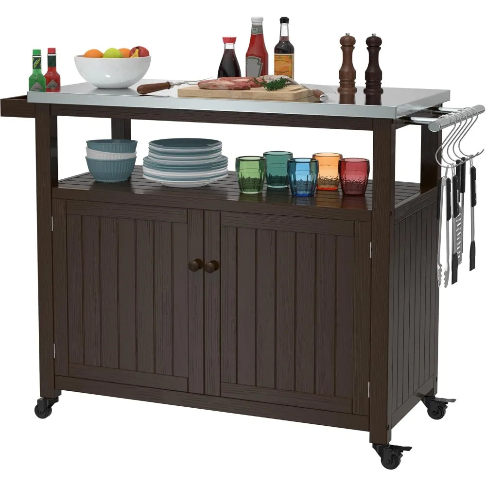 Outdoor Storage Cabinet Wood Prep Grill Table Stainless Steel Top