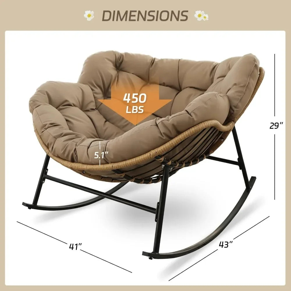 Outdoor Papasan Rocking Chair with Padded Cushion PE Rattan Lounge