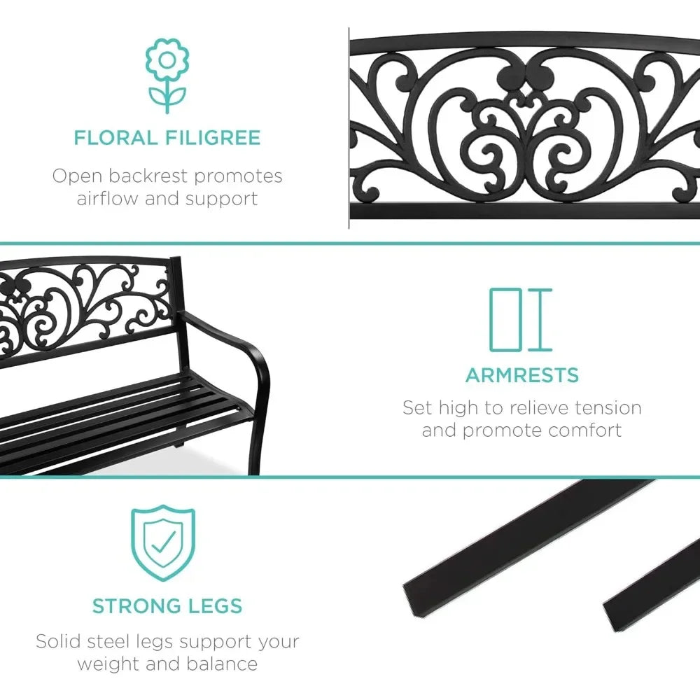 Ljustra Outdoor Steel Garden Bench with Floral Design Backrest